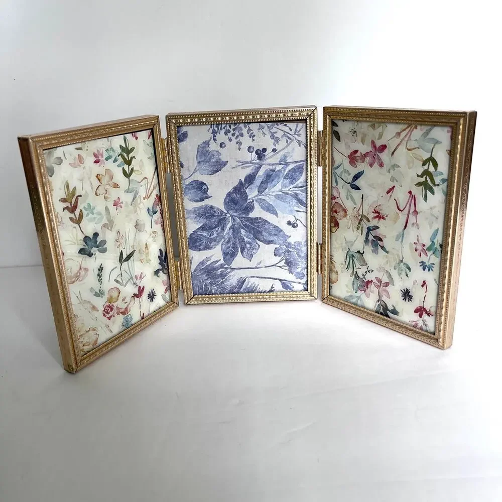 Vintage Gold Brass Tone Metal Tri-Panel Tabletop Picture Frame for 3.5x5